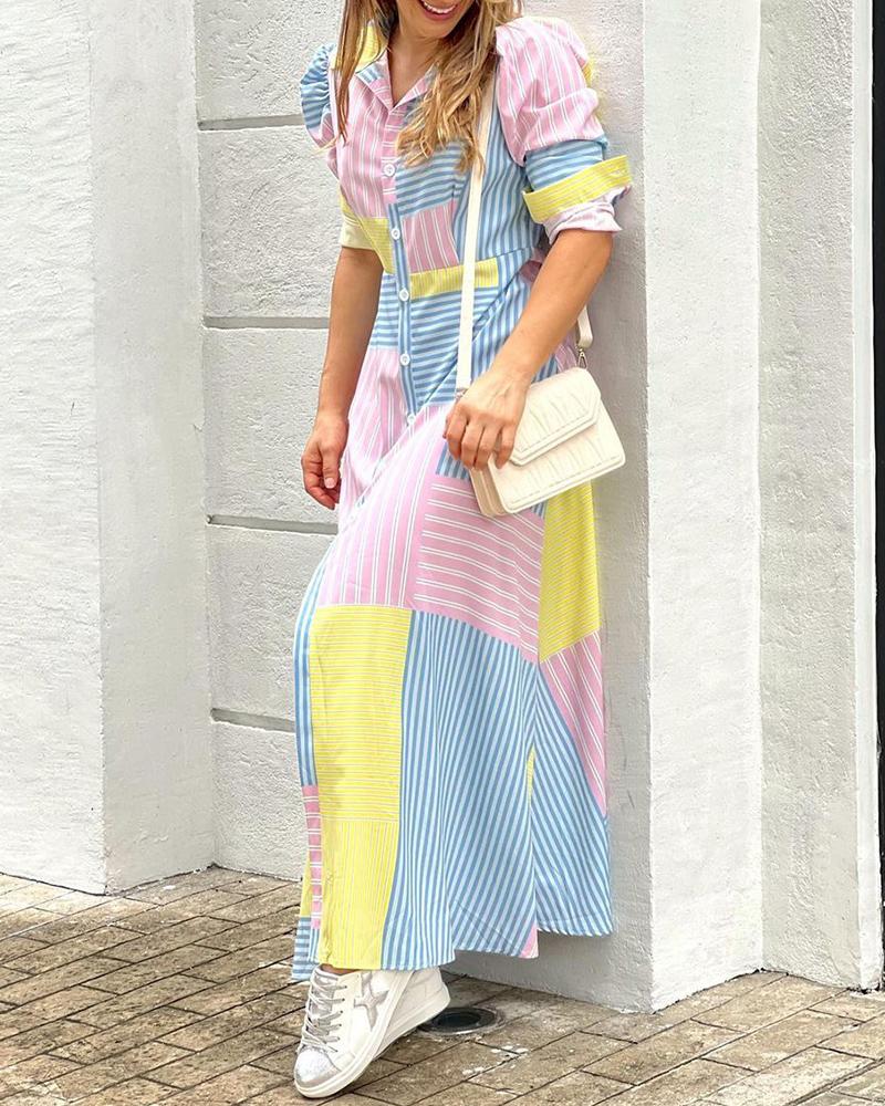 Striped Print Colorblock Puff Sleeve Shirt Dress