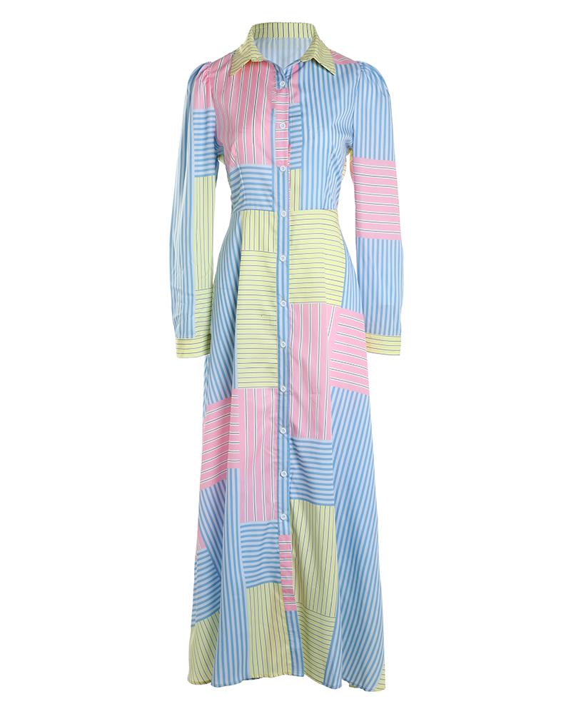 Striped Print Colorblock Puff Sleeve Shirt Dress