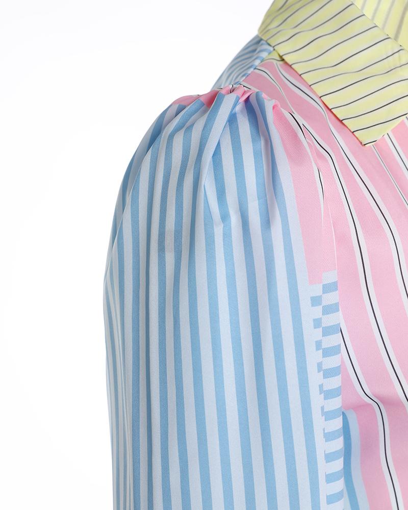 Striped Print Colorblock Puff Sleeve Shirt Dress