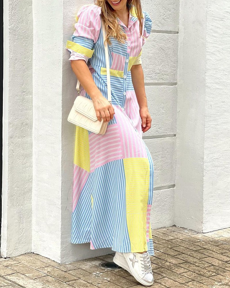 Striped Print Colorblock Puff Sleeve Shirt Dress