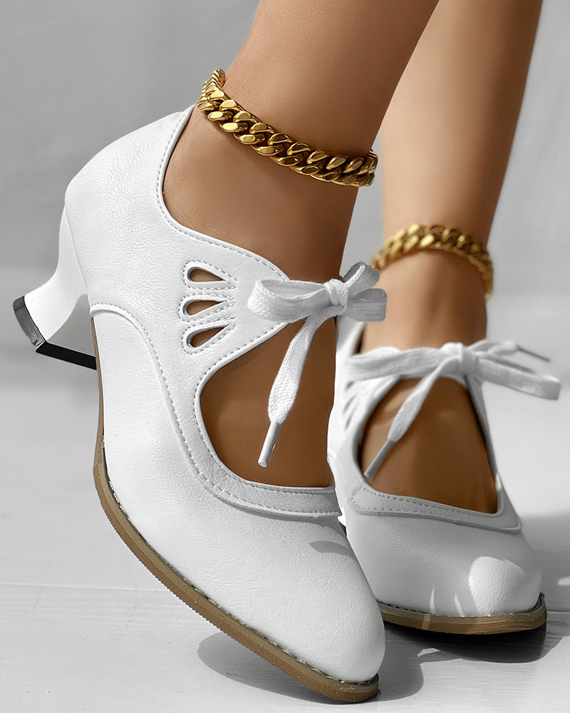 Hollow Out Tied Detail Chunky Heel Pumps