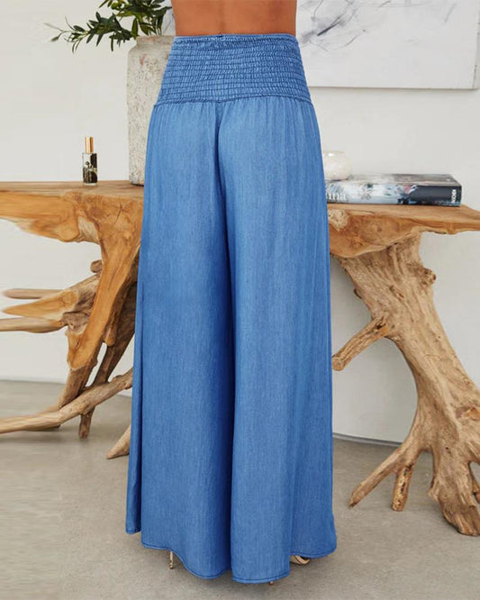 High Waist Shirred Wide Leg Jeans