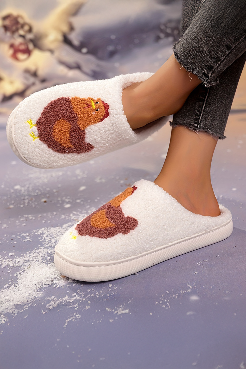 White Chicken Pattern Non-Slip Plush Warm Slippers