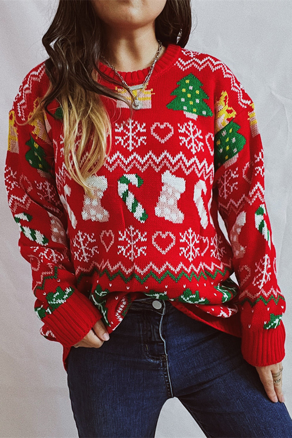 Fiery Red Christmas Pattern Drop Shoulder Knitted Sweater