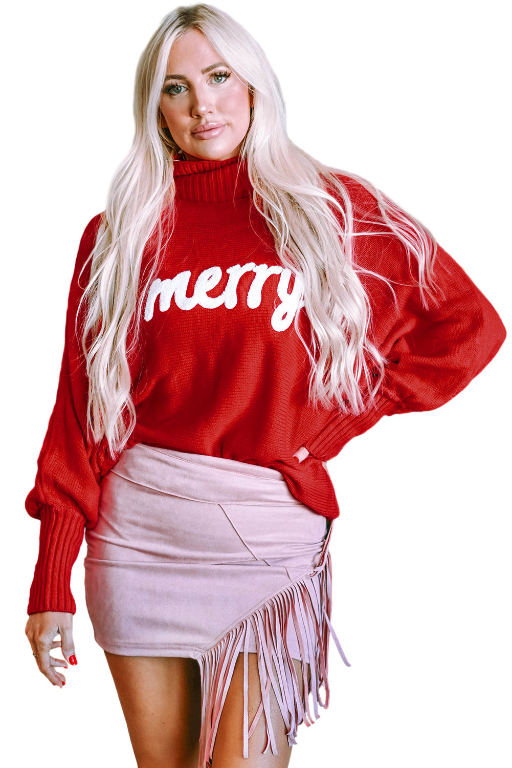 Fiery Red Merry Letter Embroidered High Neck Sweater