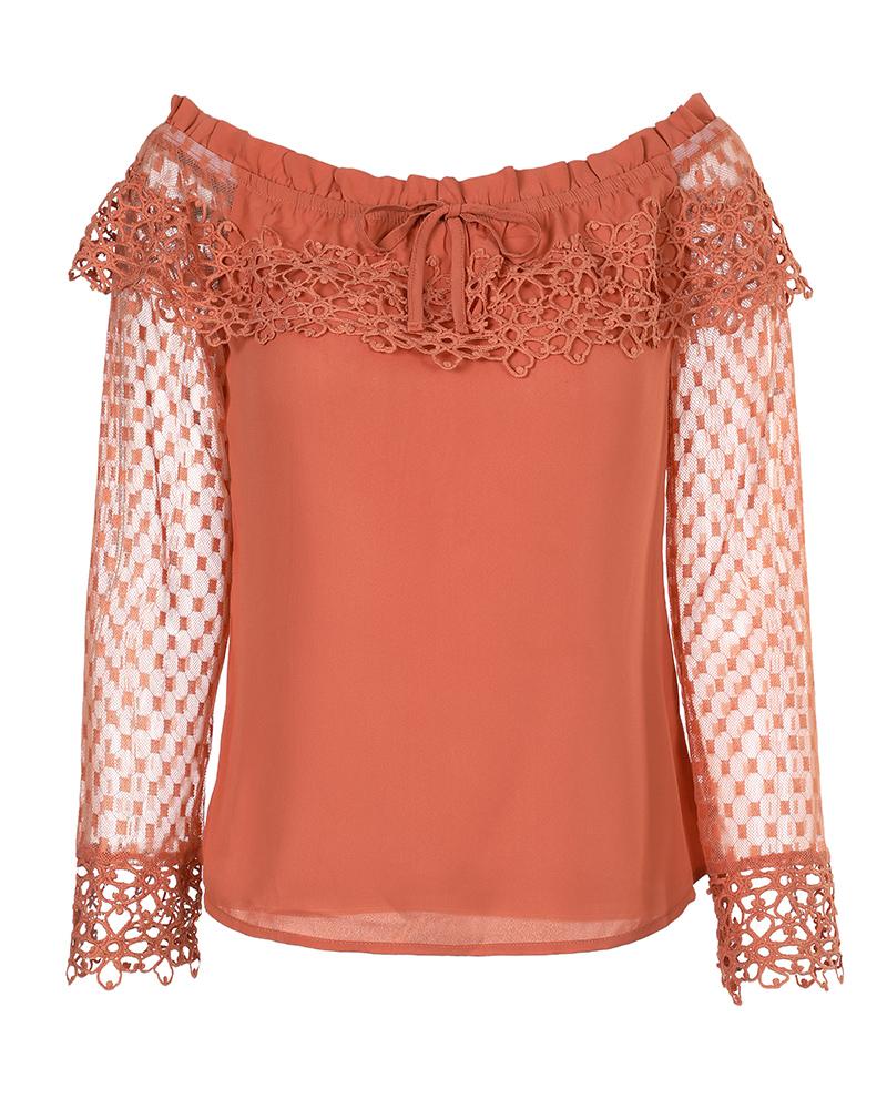 Off Shoulder Guipure Lace Frill Hem Drawstring Top