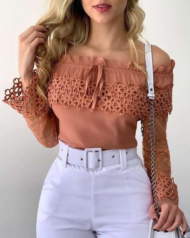 Off Shoulder Guipure Lace Frill Hem Drawstring Top