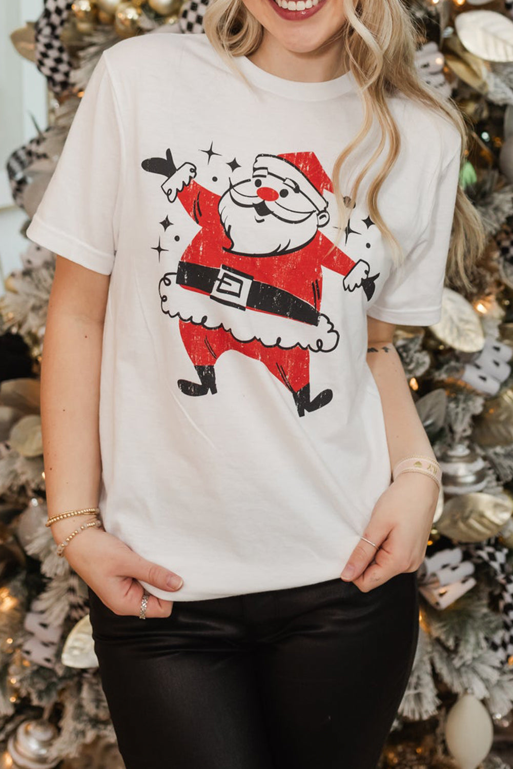 White Cute Father Christmas Printed Casual T Shirt