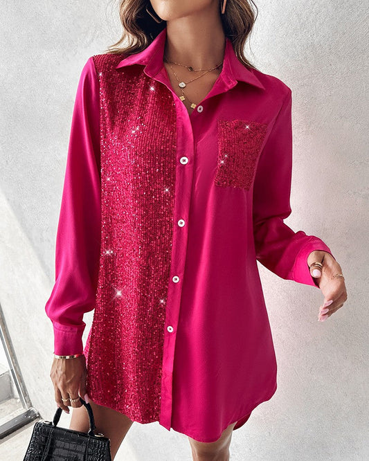 Contrast Sequin Pocket Design Shirt Dress