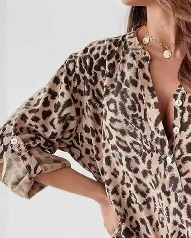 Leopard Print Stand Collar Roll Tab Sleeve Blouses Oversized Casual Shirt