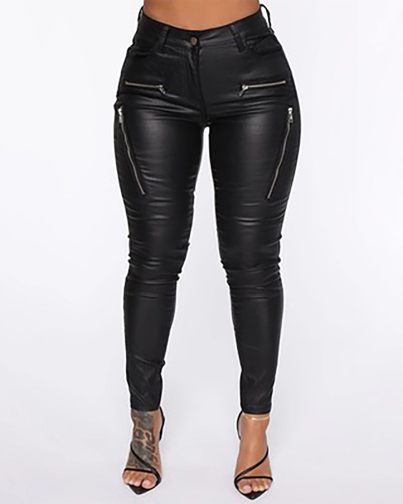 PU Leather Zipper Design Pocket Design Pants