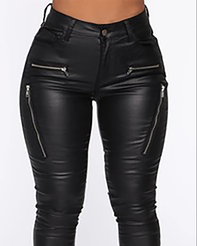 PU Leather Zipper Design Pocket Design Pants