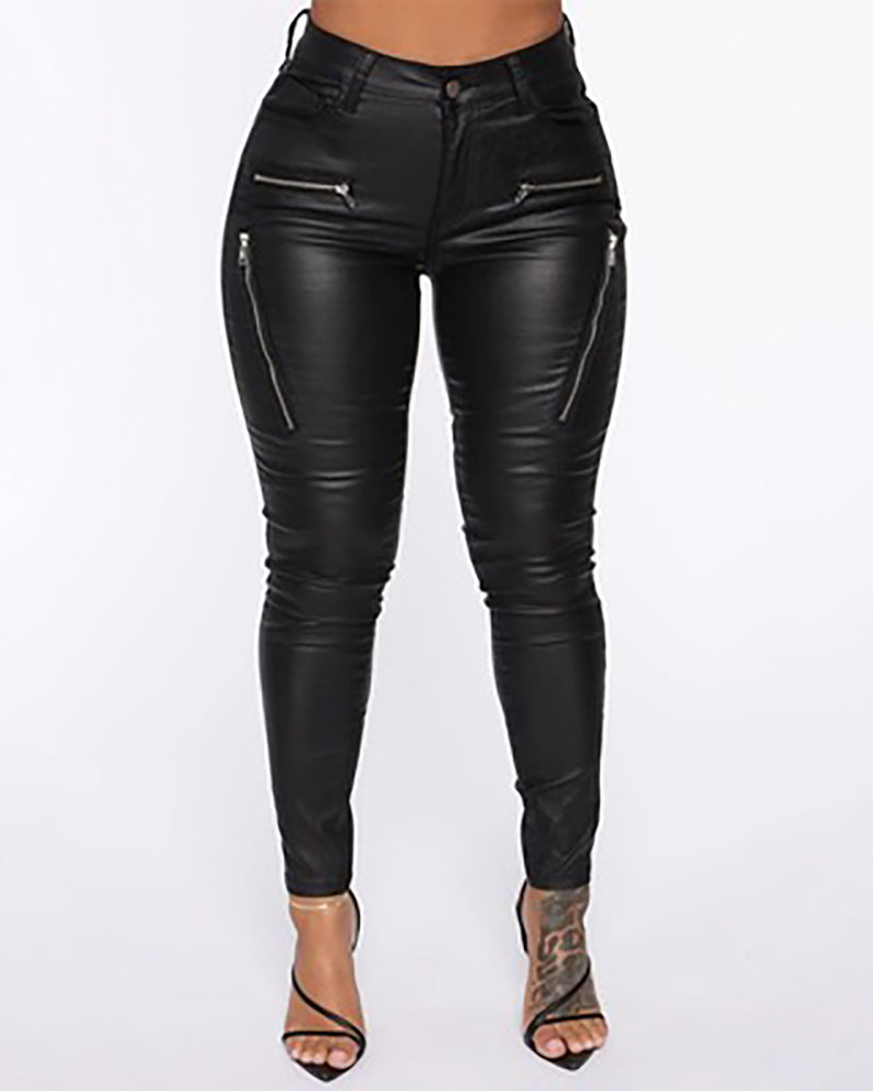 PU Leather Zipper Design Pocket Design Pants