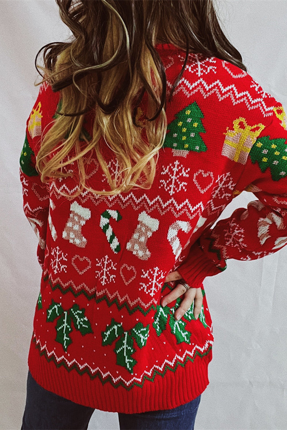 Fiery Red Christmas Pattern Drop Shoulder Knitted Sweater