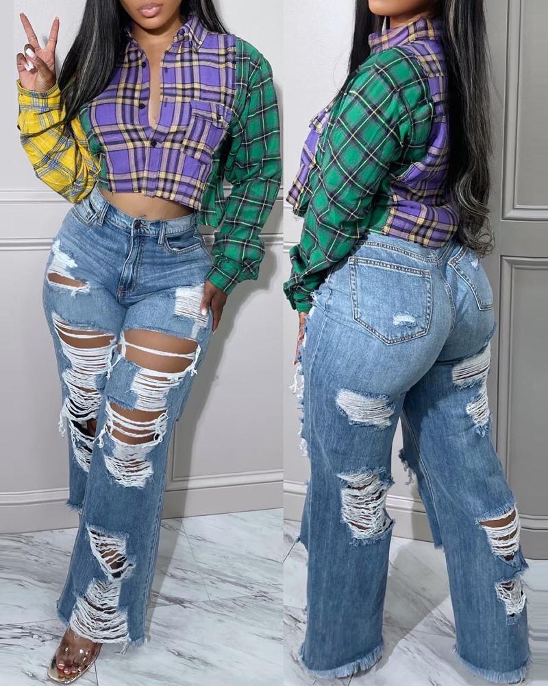 Colorblock Plaid Print Long Sleeve Crop Top