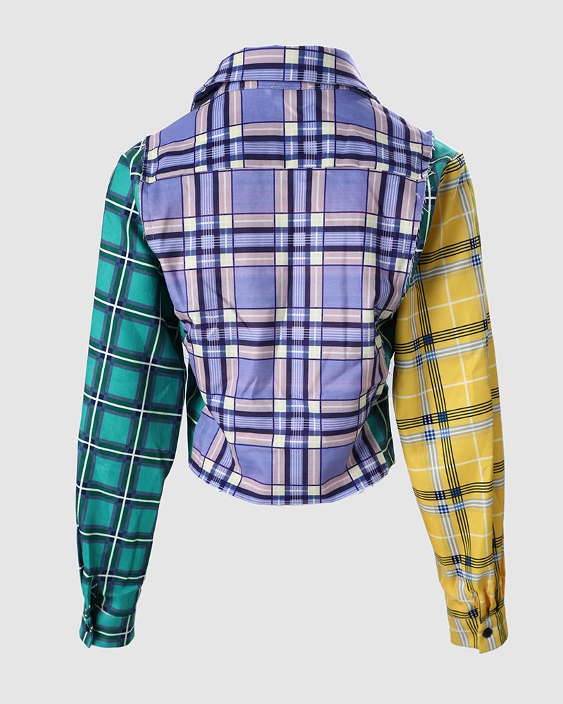 Colorblock Plaid Print Long Sleeve Crop Top