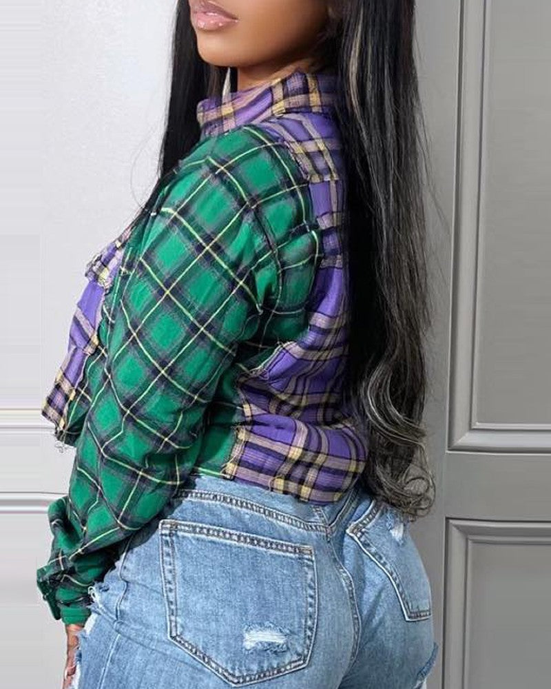 Colorblock Plaid Print Long Sleeve Crop Top