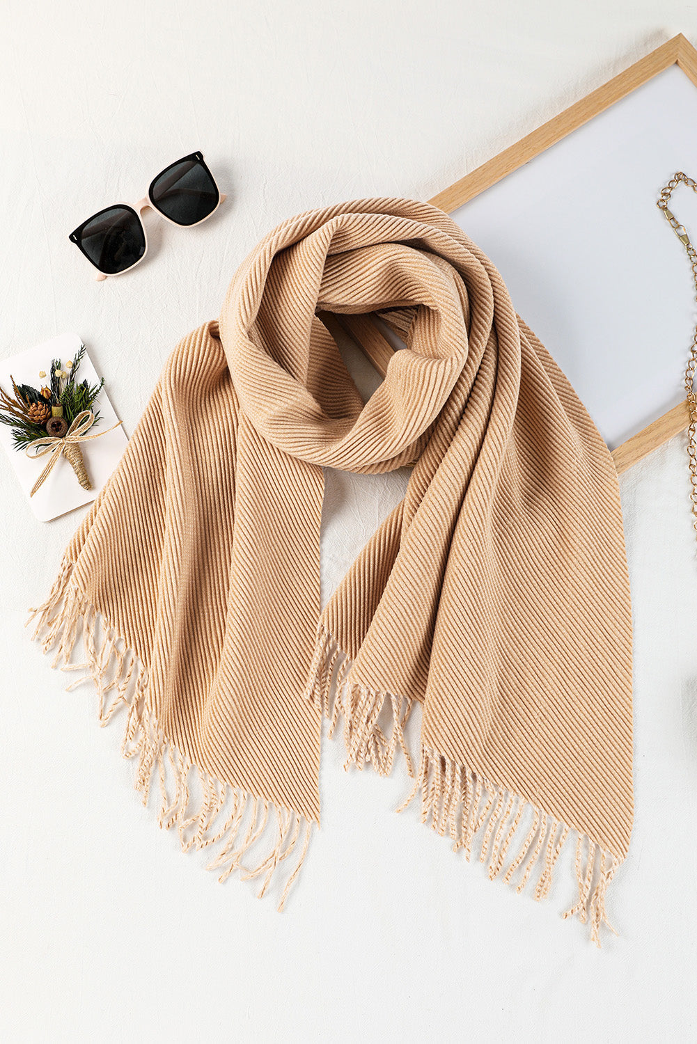 Khaki Bohemian Fringe Trim Textured Scarf