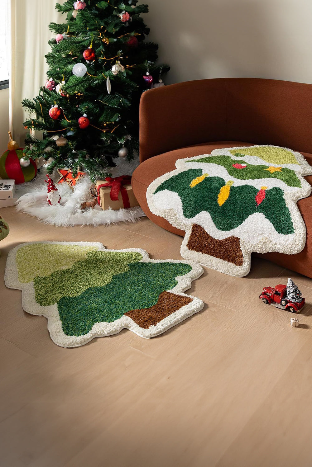 Dark Green Christmas Tree Shape Non-Slip Plush Carpet