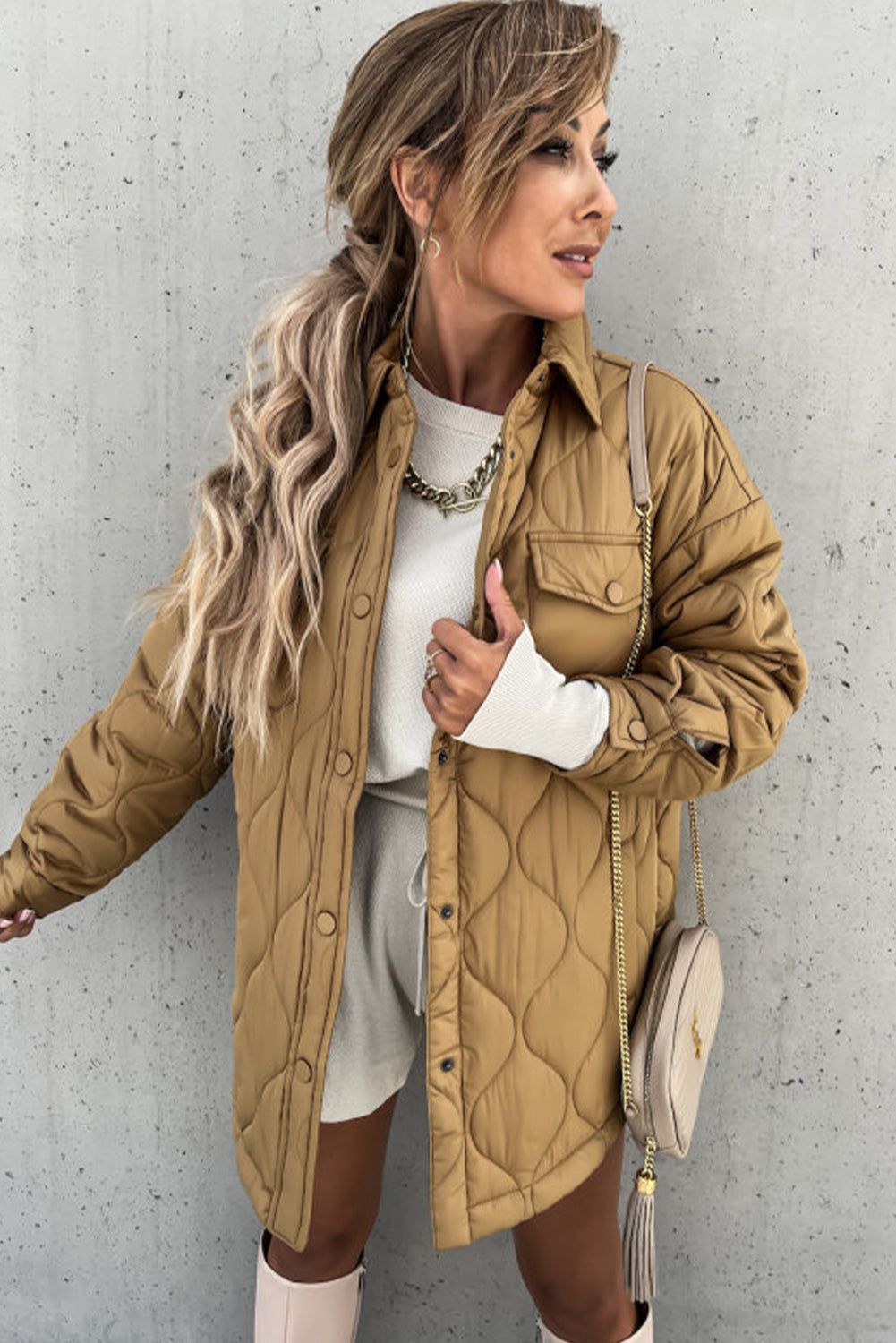 Tan Quilted Flap Pockets Snap Buttoned Puffer Jacket