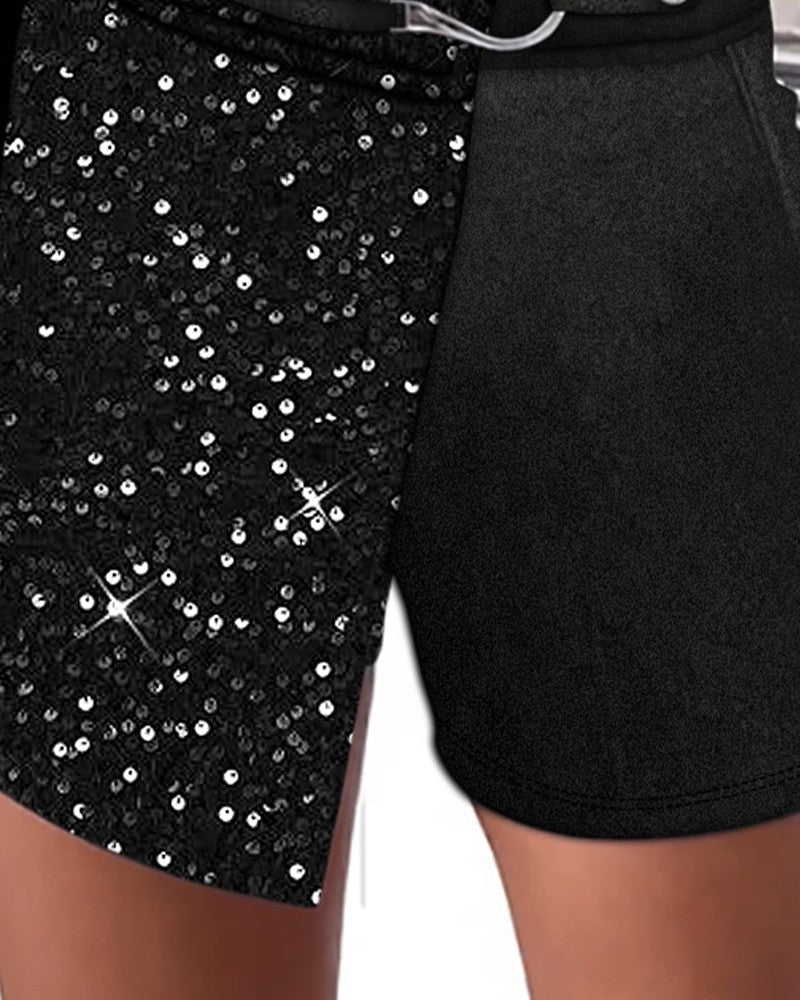 Velvet Contrast Sequin Buckled Skorts