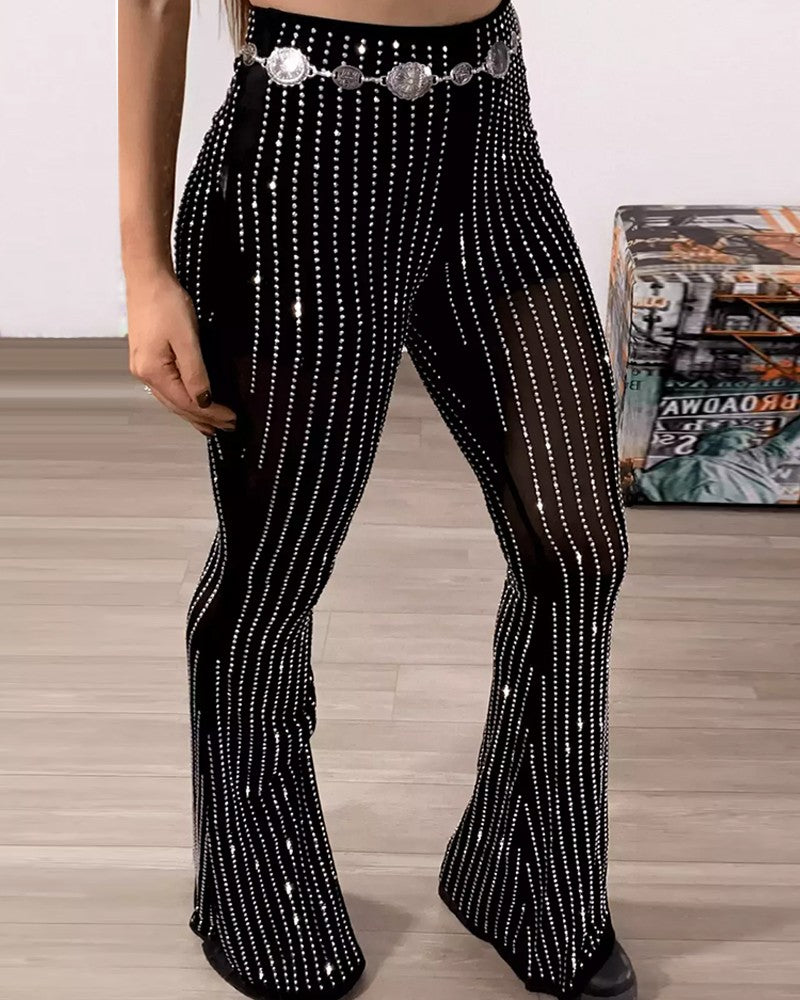 Sheer Mesh Rhinestone Decor High Waist Skinny Flared Pants