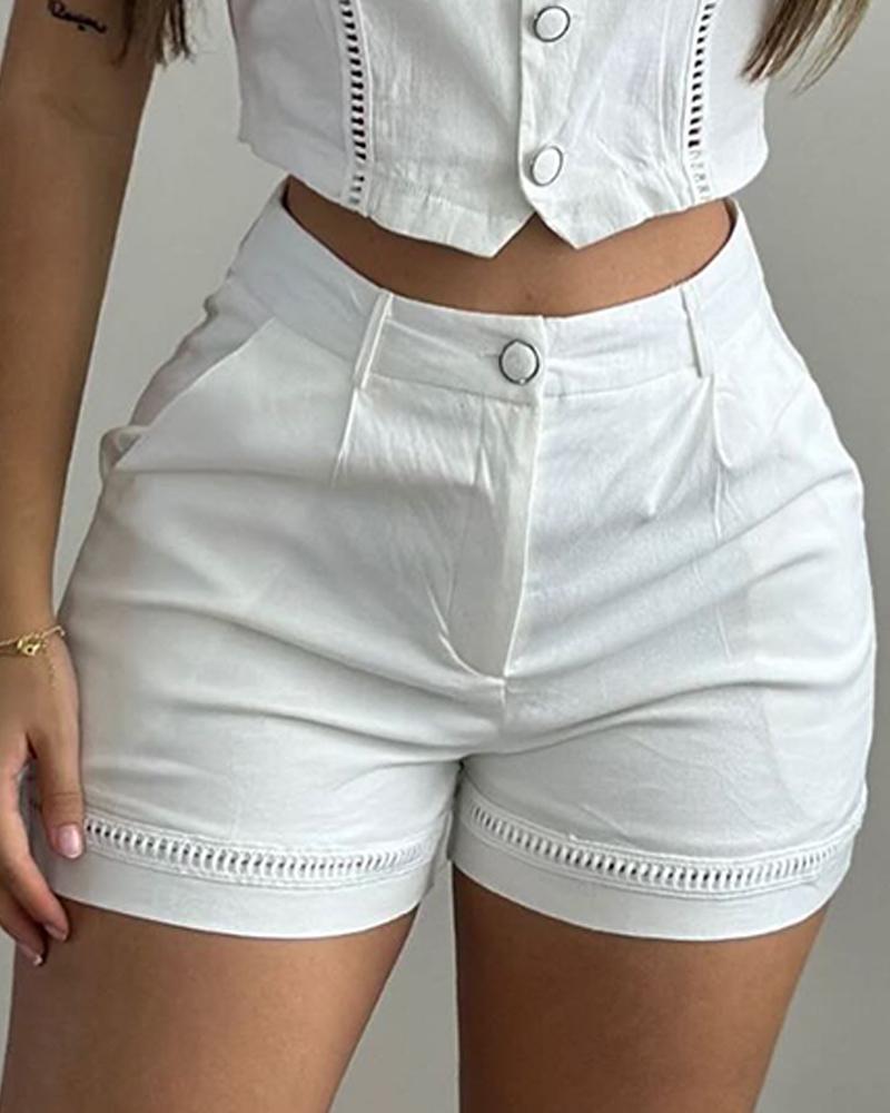 Hollow Out Buttoned Vest Top & Shorts Set