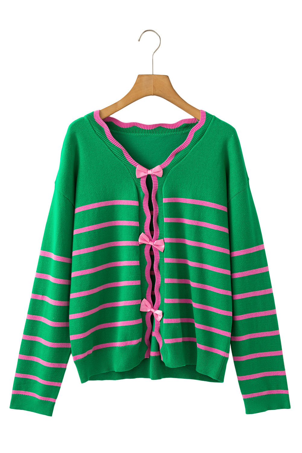 Green Stripe Ribbon Cute Bow Detail Sweater Knit Cardigan