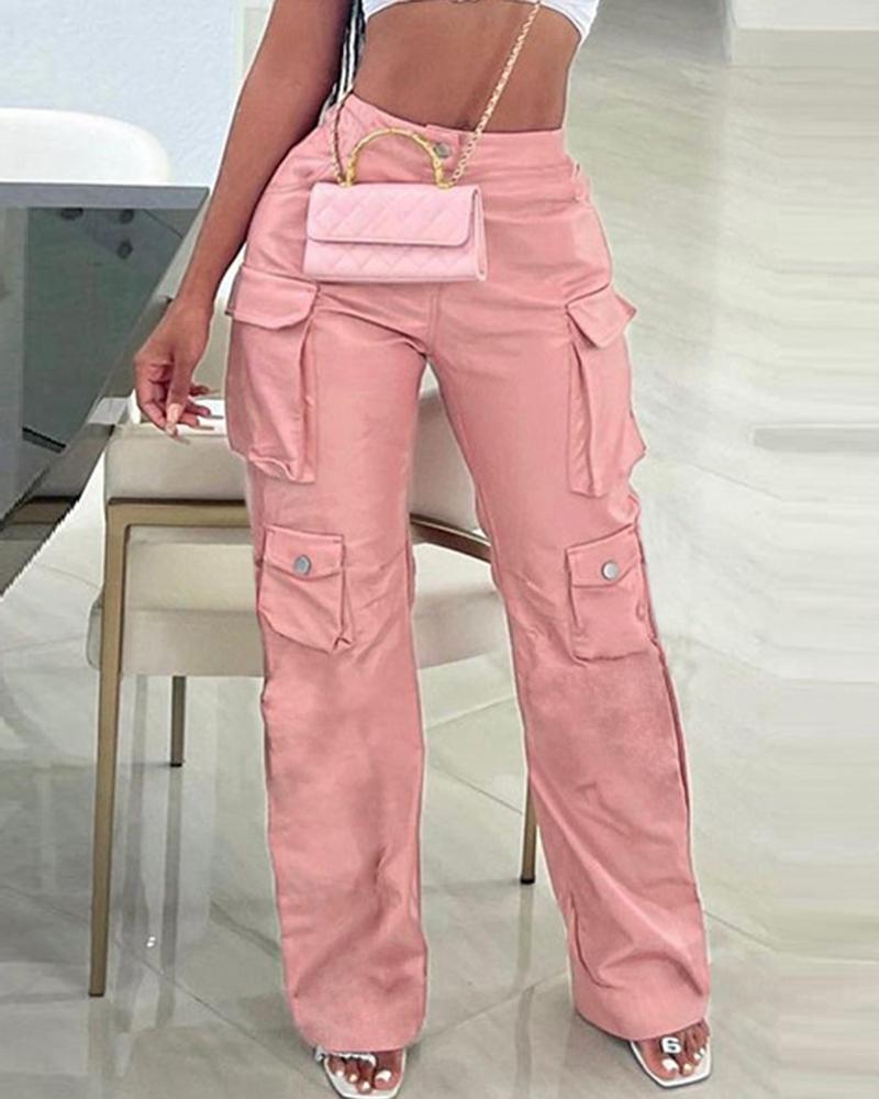 Straight Leg Pocket Design PU Leather Pants