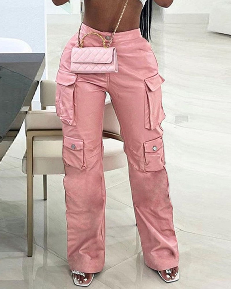 Straight Leg Pocket Design PU Leather Pants