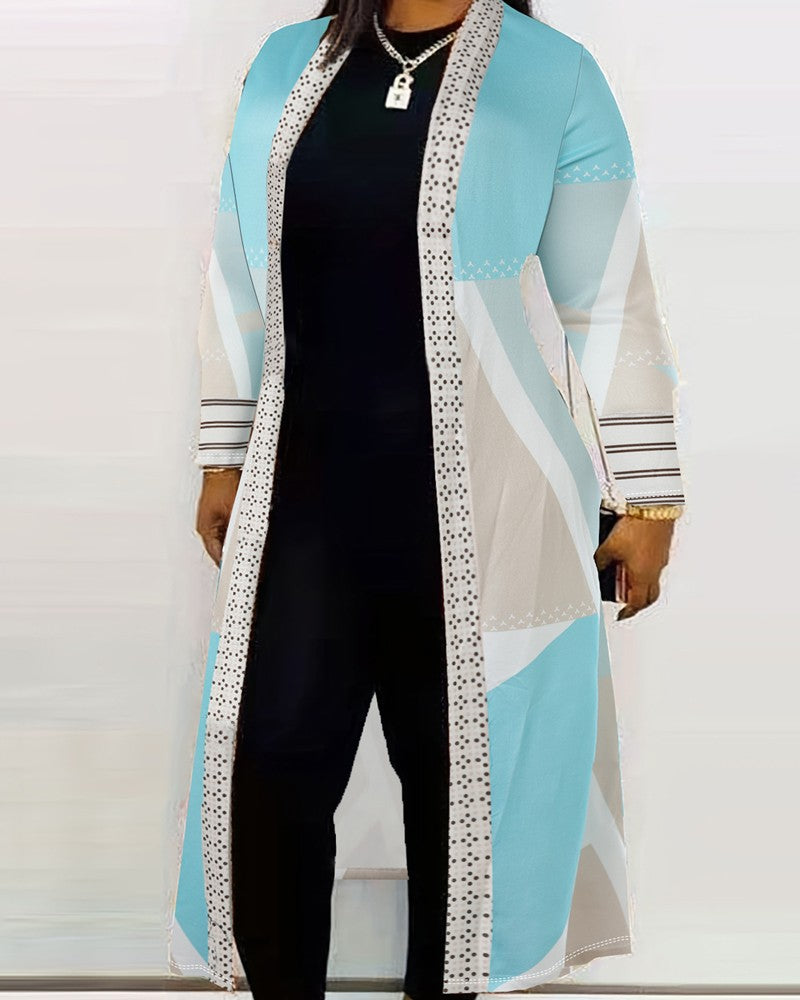 Plus Size Geometric Print Open Front Longline Coat