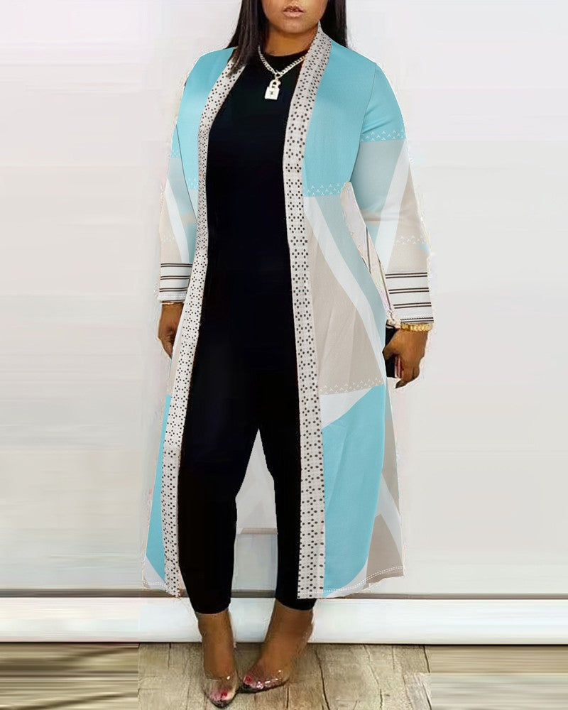 Plus Size Geometric Print Open Front Longline Coat