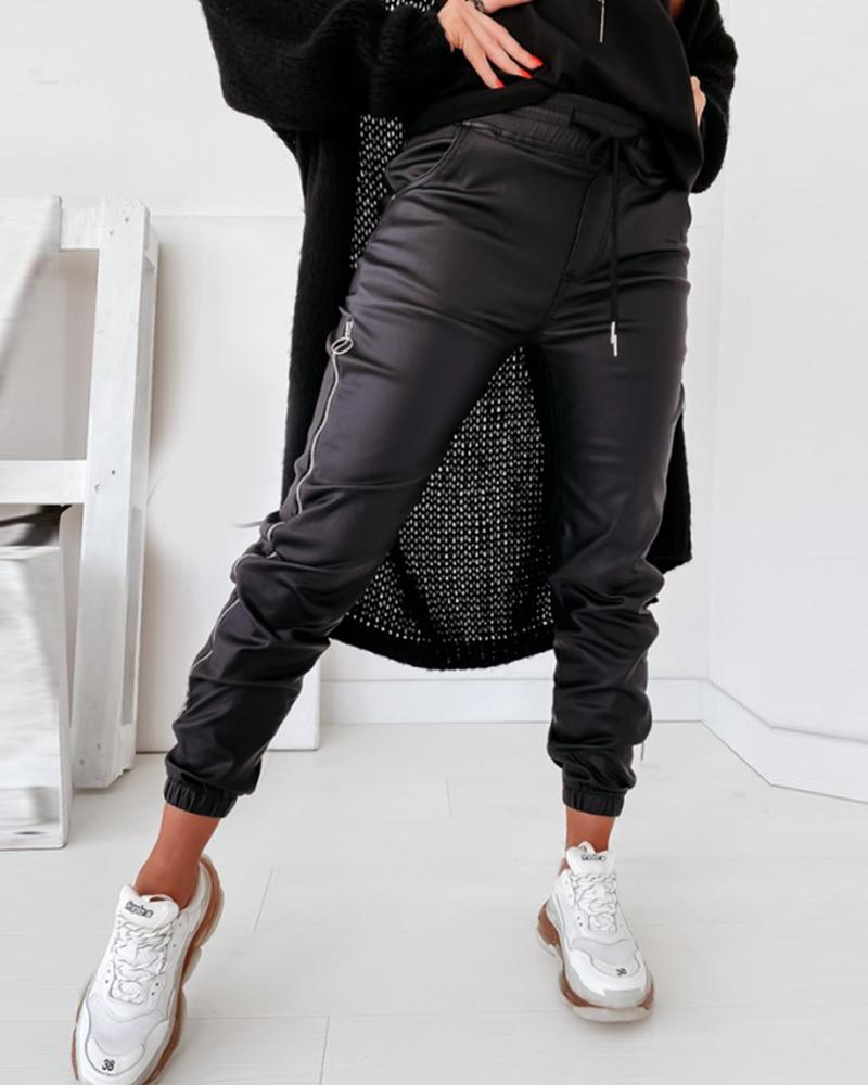 Zipper Design Drawstring Ruched Pants