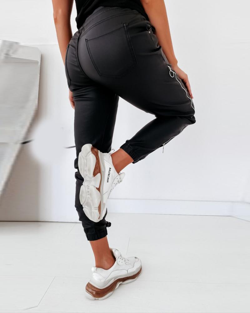 Zipper Design Drawstring Ruched Pants