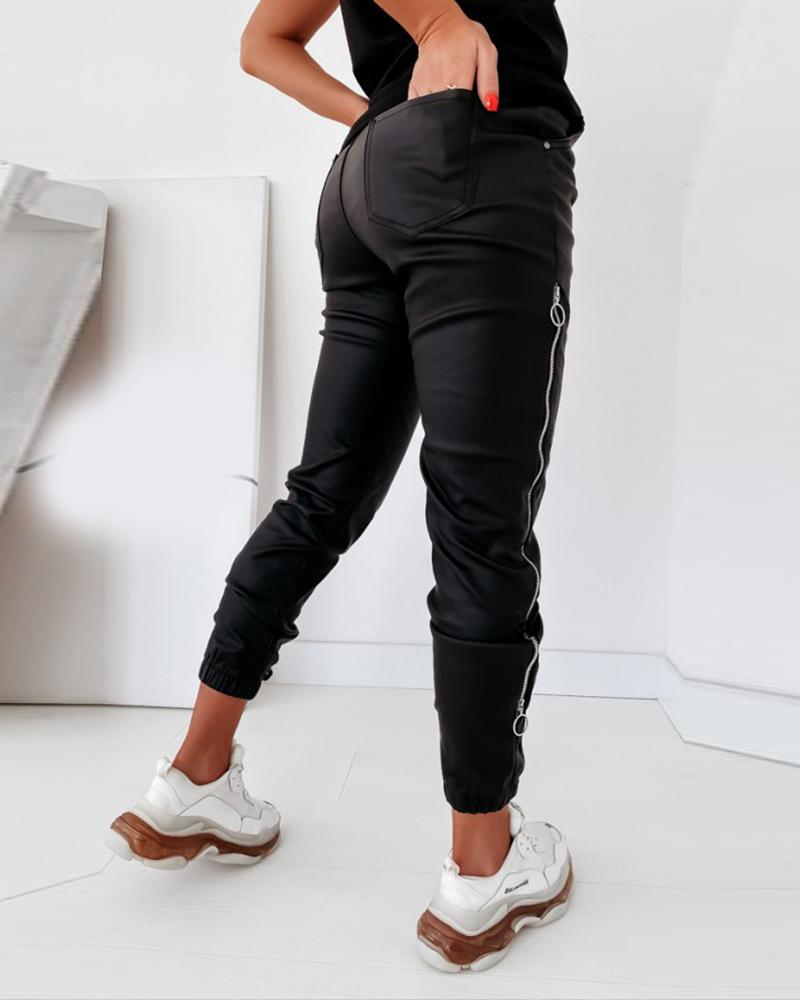 Zipper Design Drawstring Ruched Pants