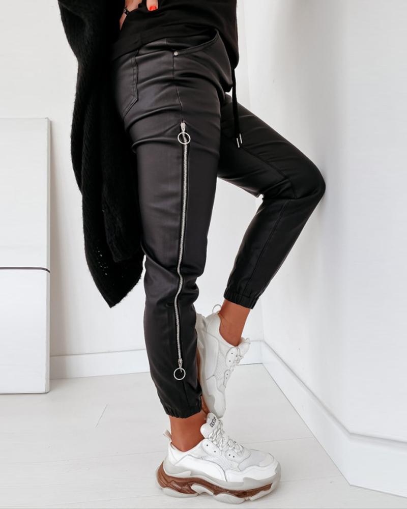 Zipper Design Drawstring Ruched Pants