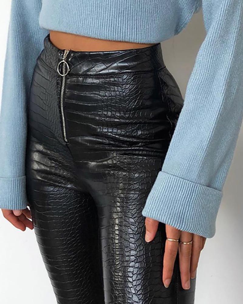 Croc Embossed Zipper Design High Waist Pants