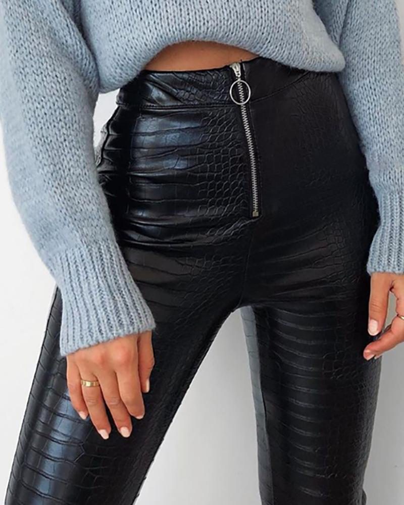 Croc Embossed Zipper Design High Waist Pants