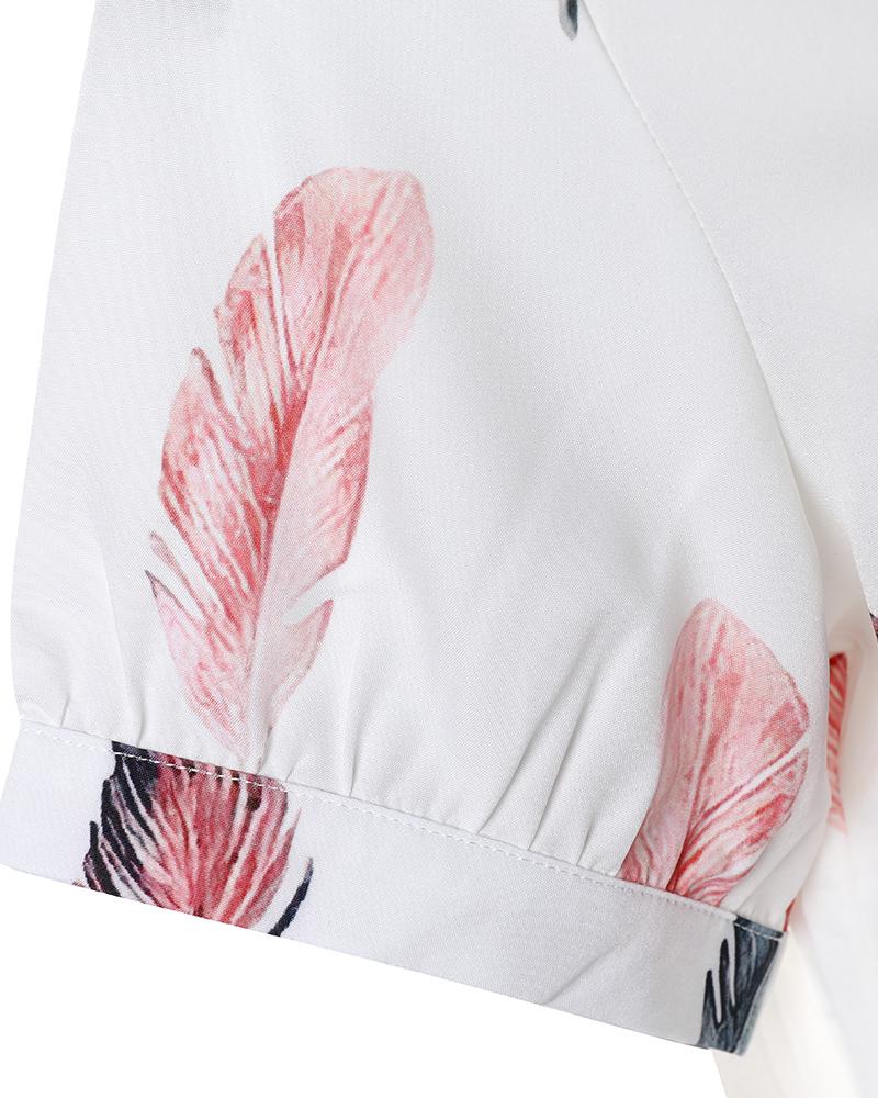 Feather Print Short Sleeve Casual Top