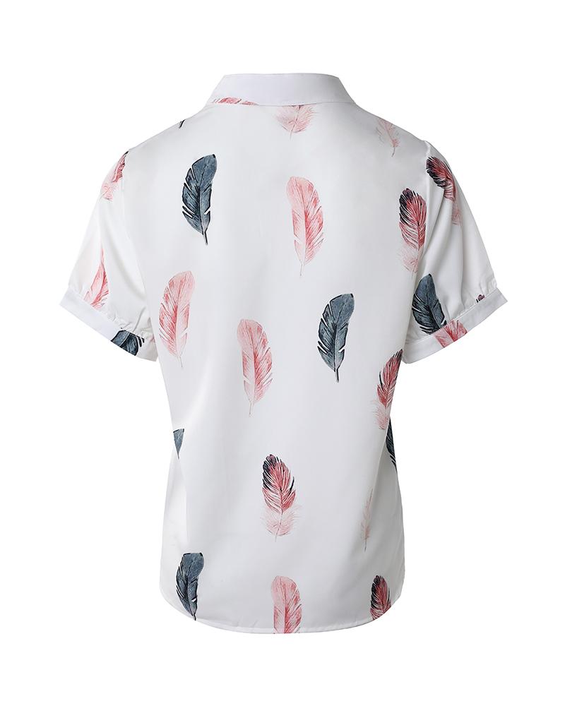 Feather Print Short Sleeve Casual Top