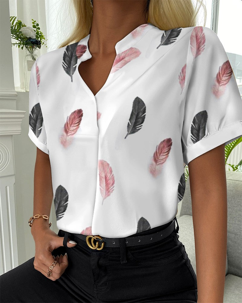 Feather Print Short Sleeve Casual Top