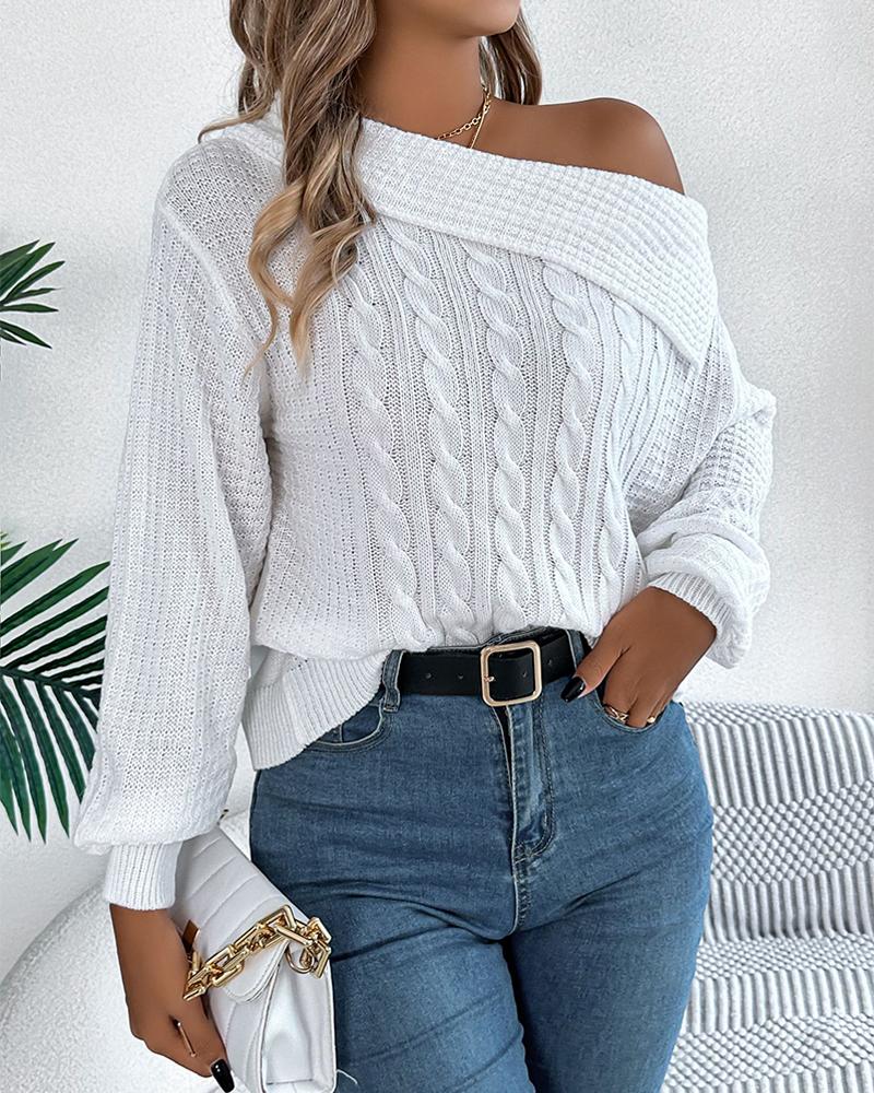 Skew Neck Long Sleeve Cable Knit Sweater