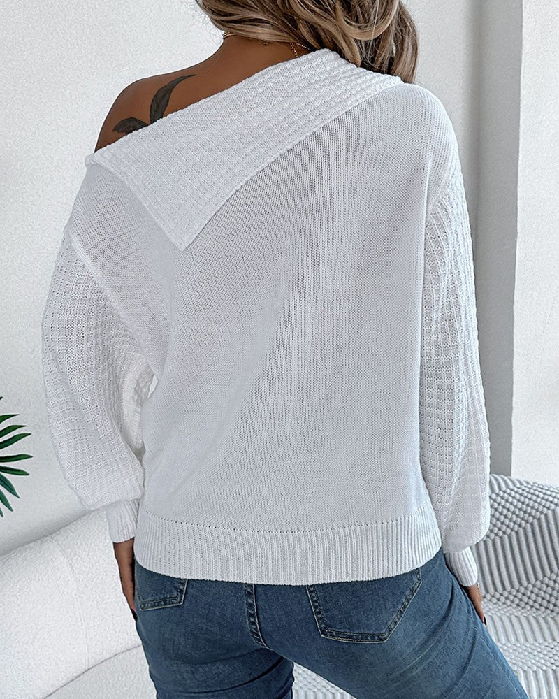 Skew Neck Long Sleeve Cable Knit Sweater