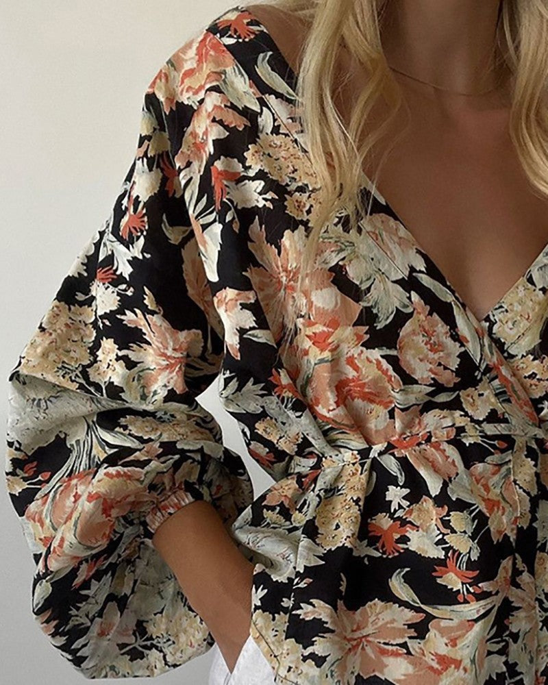 Lantern Sleeve Floral Print V Neck Top