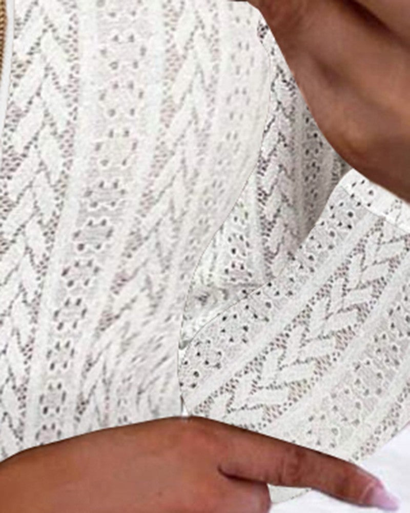 Zipper Design Eyelet Embroidery Top