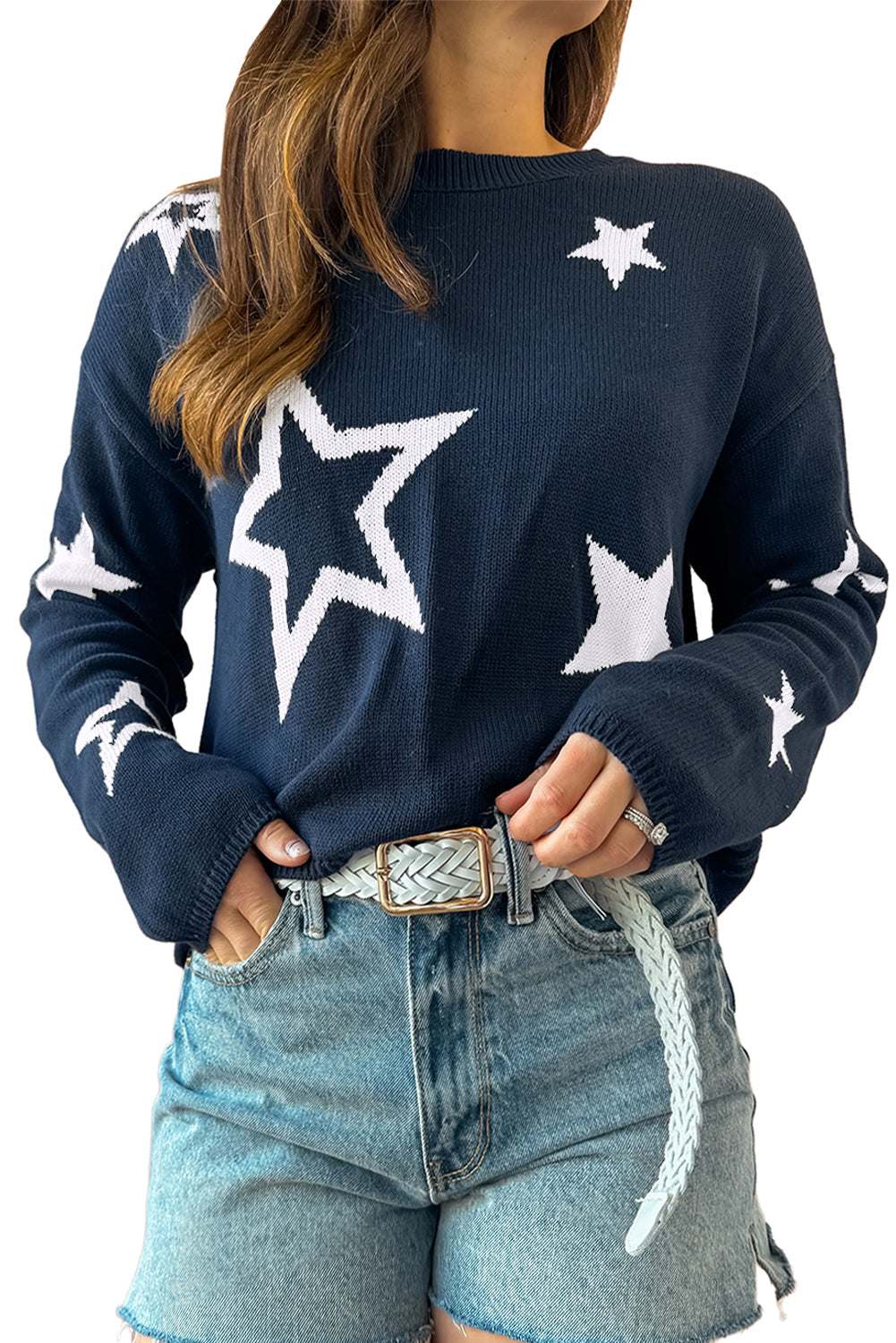 Sail Blue Star Pattern Drop Shoulder Knitted Sweater