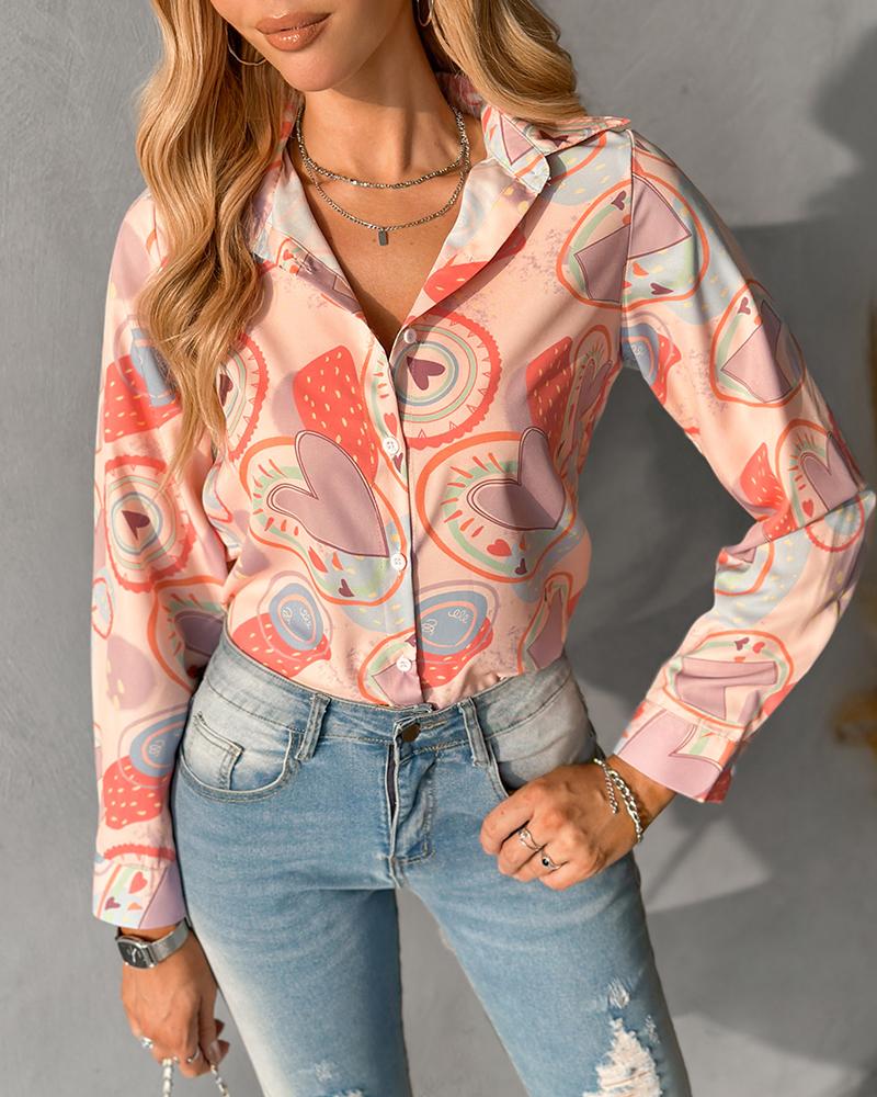 Heart Print Buttoned Long Sleeve Top