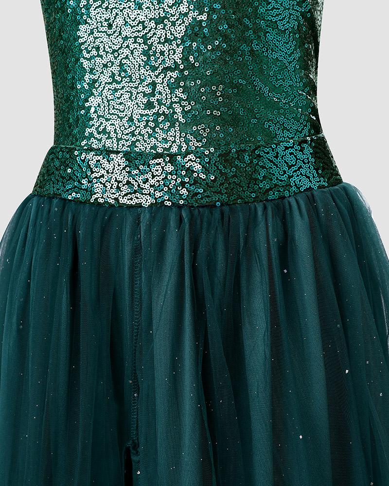 Multi way Wear Sleeveless Sequin Dress With Sheer Mesh Skirt