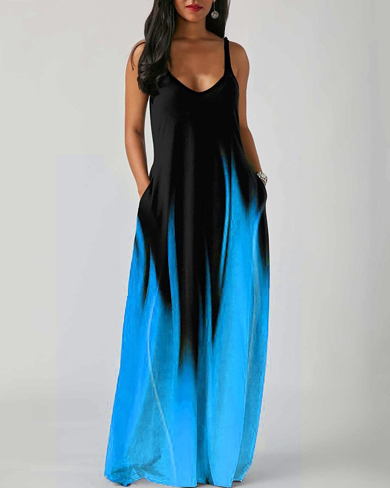 Abstract Print Colorblock Pocket Design Maxi Dress