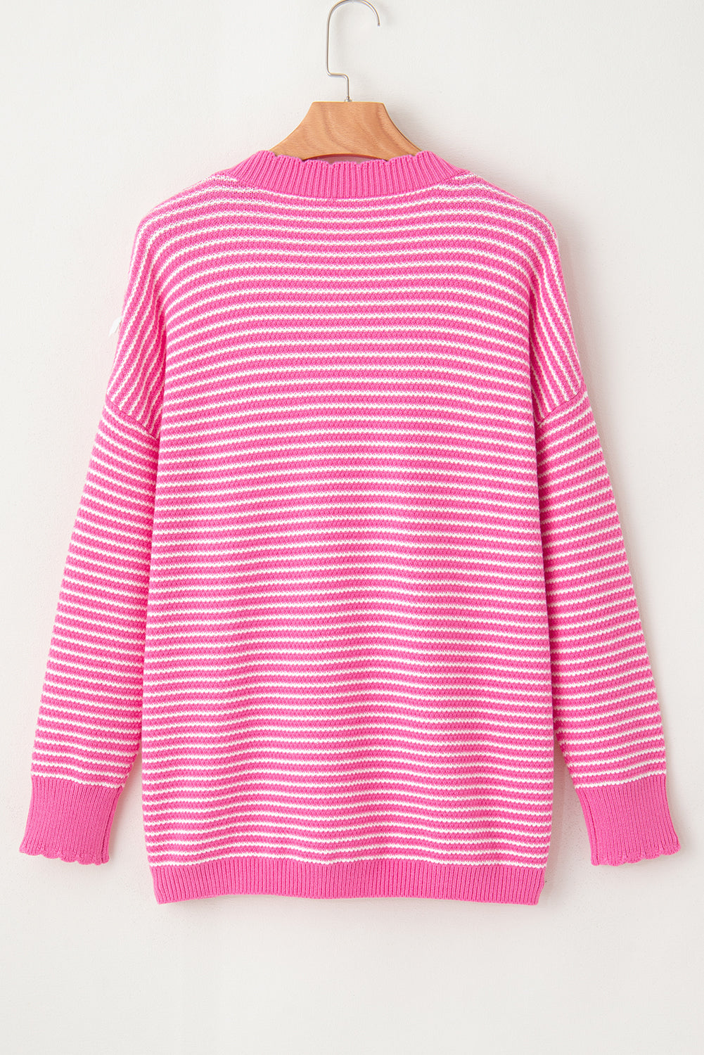 Pink Striped Scallop V Neck Loose Sweater with Slits